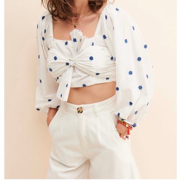 NWT Farm Rio Blue Flowers Crop Top Cotton Long Sleeve Puff Sleeve Size Medium - Picture 1 of 16